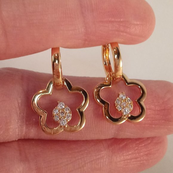18K Yellow Gold Filled Hollow Flower Diamond Topaz Zircon Dangle Earrings - Picture 3 of 4